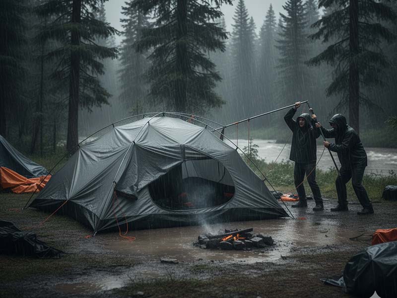 雨で崩れたテント
